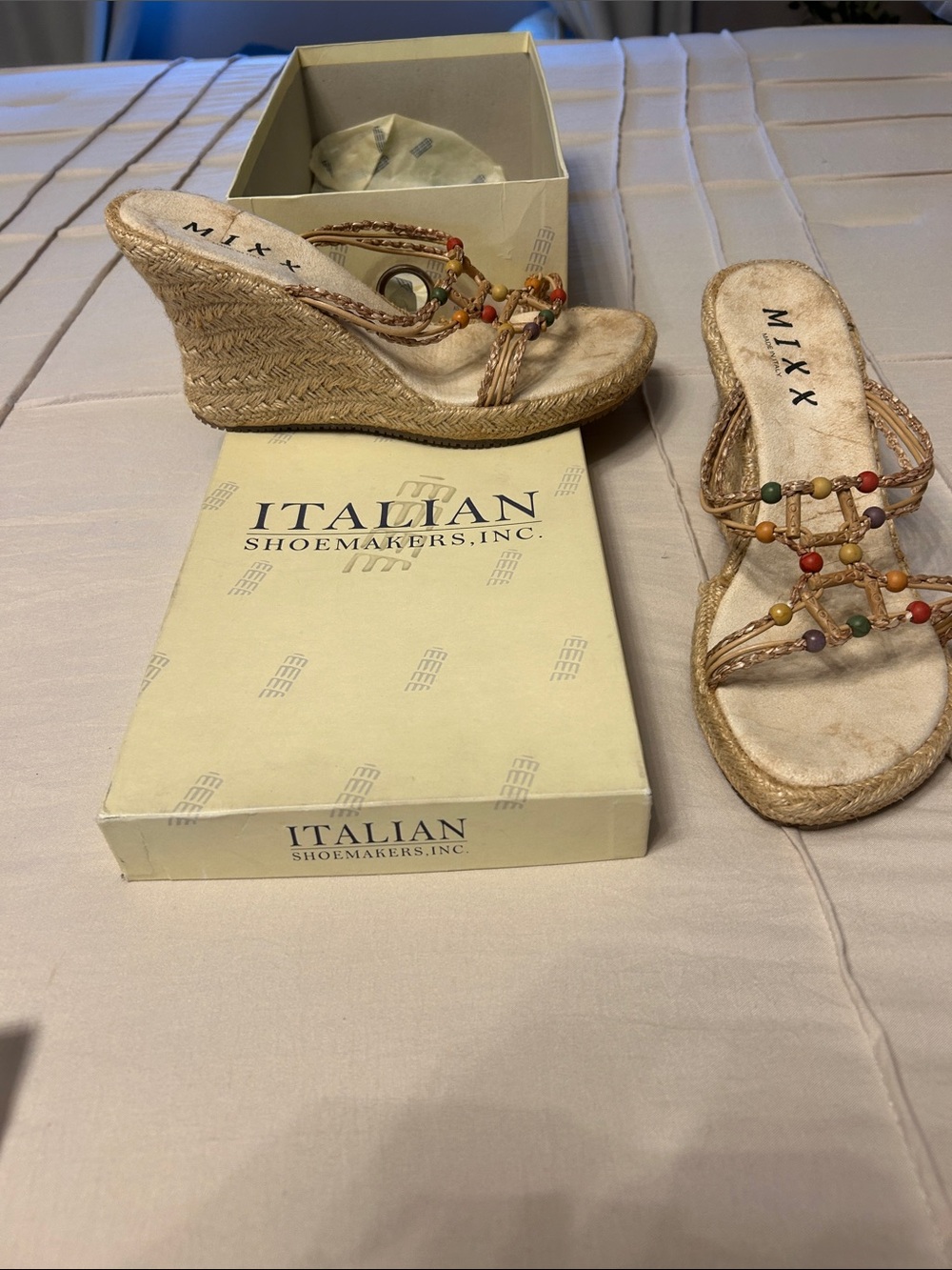 Italian Shoemakers Tan Espadrille Wedge Sandals with Multicolor Bead Straps